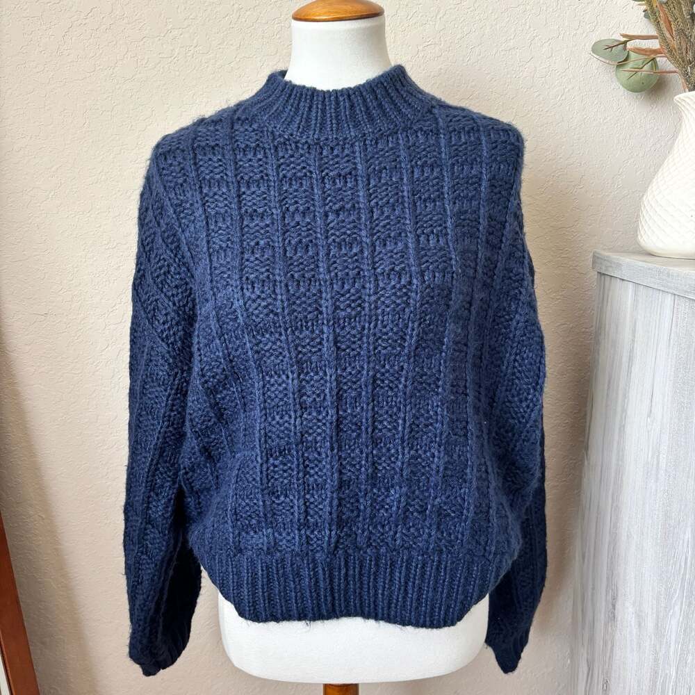 FRNCH Paris Navy Blue Chunky Cable Knit Mock Neck Fisherman Womens Sweater Small